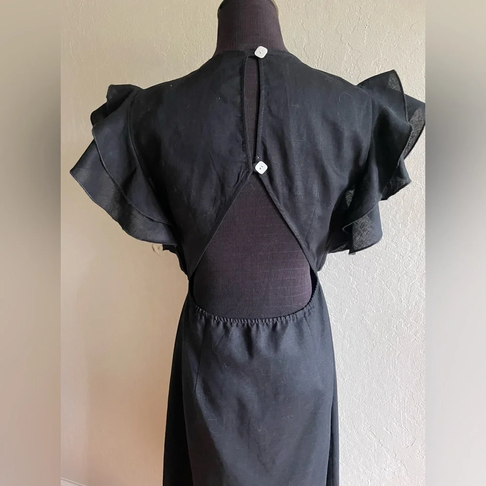 Linen cocktail Black Dress with Ruffle Sleeves - Picture 12 of 17